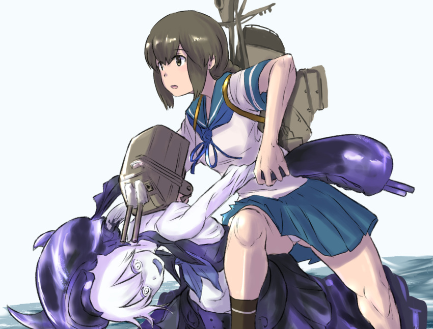 abyssal_ship, black_hair, braid, colored_skin, destroyer_princess, gun_to_head, hat, horns