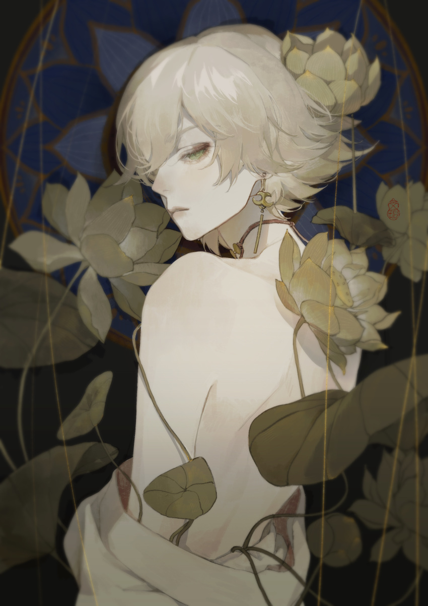 1boy, absurdres, bishounen, dongnanzhixiayizhancha, highres, lotus_earrings, lotus_hair_ornament, male_focus