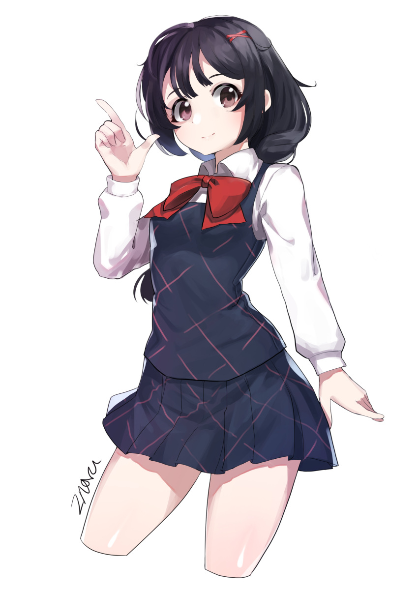 1girl, absurdres, bangs, black_hair, blue_skirt, blue_sweater_vest, bow, bowtie