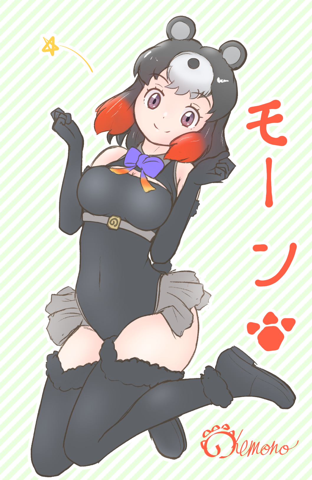 bare_shoulders, black_footwear, black_fur, black_gloves, black_hair, black_leotard, black_thighhighs, blue_bow, blue_bowtie, blush, boots, bow, bowtie, commentary_request, elbow_gloves, frilled_leotard, frills, fur_trim, gloves, highres, higumamon_(kemono_friends), kemono_friends, leotard, looking_at_viewer, multicolored_hair, nokemono-san_(bocchi_friend), redhead, short_hair, sidelocks, smile, thigh-highs, translation_request, violet_eyes, zettai_ryouiki