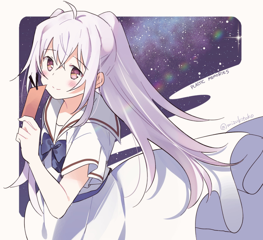 1girl, ahoge, blue_ribbon, closed_mouth, commentary_request, copyright_name, dress, hand_up, highres, isla_(plastic_memories), long_hair, mizuki_toko, neck_ribbon, plastic_memories, ribbon, sailor_collar, sailor_dress, shirt, short_sleeves, smile, solo, space, twintails, violet_eyes, white_dress, white_hair, white_shirt