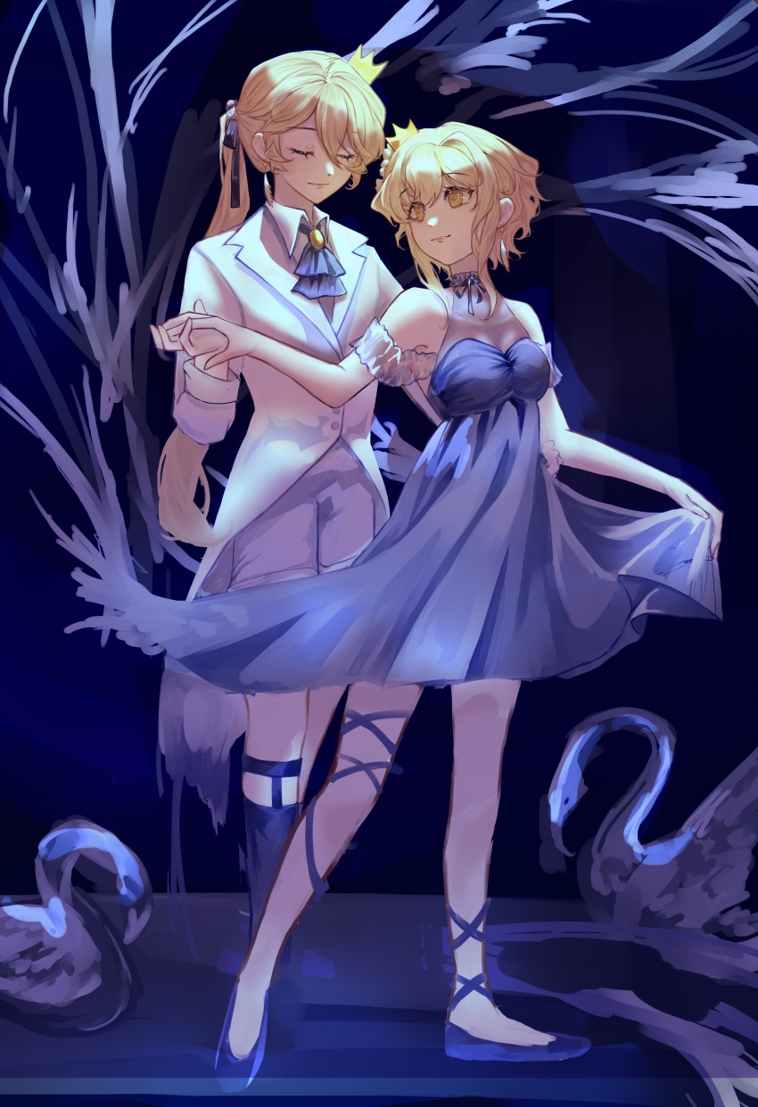 1boy, 1girl, absurdres, aether_(genshin_impact), bare_shoulders, bishounen, black_swan_(bird), blonde_hair