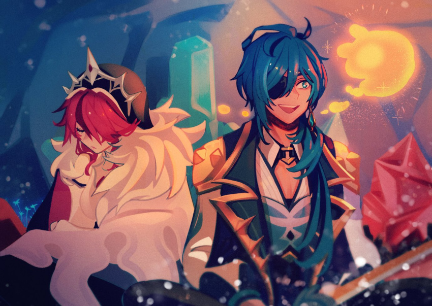 1boy, 1girl, 2boys, ahoge, armor, bangs, blue_eyes, blue_hair