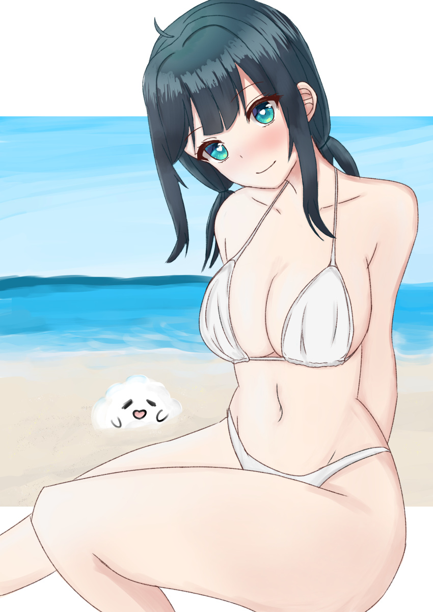 1girl, 3d_background, absurdres, ahoge, amano_nene_(vtuber), angel, arms_behind_back, beach