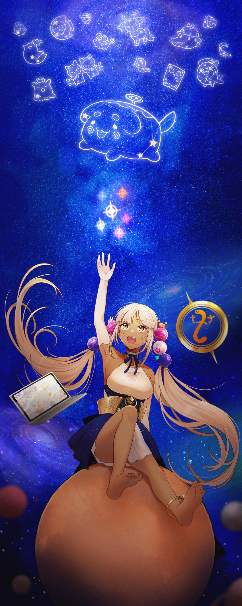 1girl, :d, absurdres, anklet, arm_up, bangs, bare_shoulders, barefoot