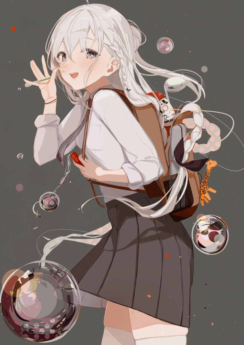 1girl, :d, \||/, absurdres, ahoge, backpack, bag, black_skirt