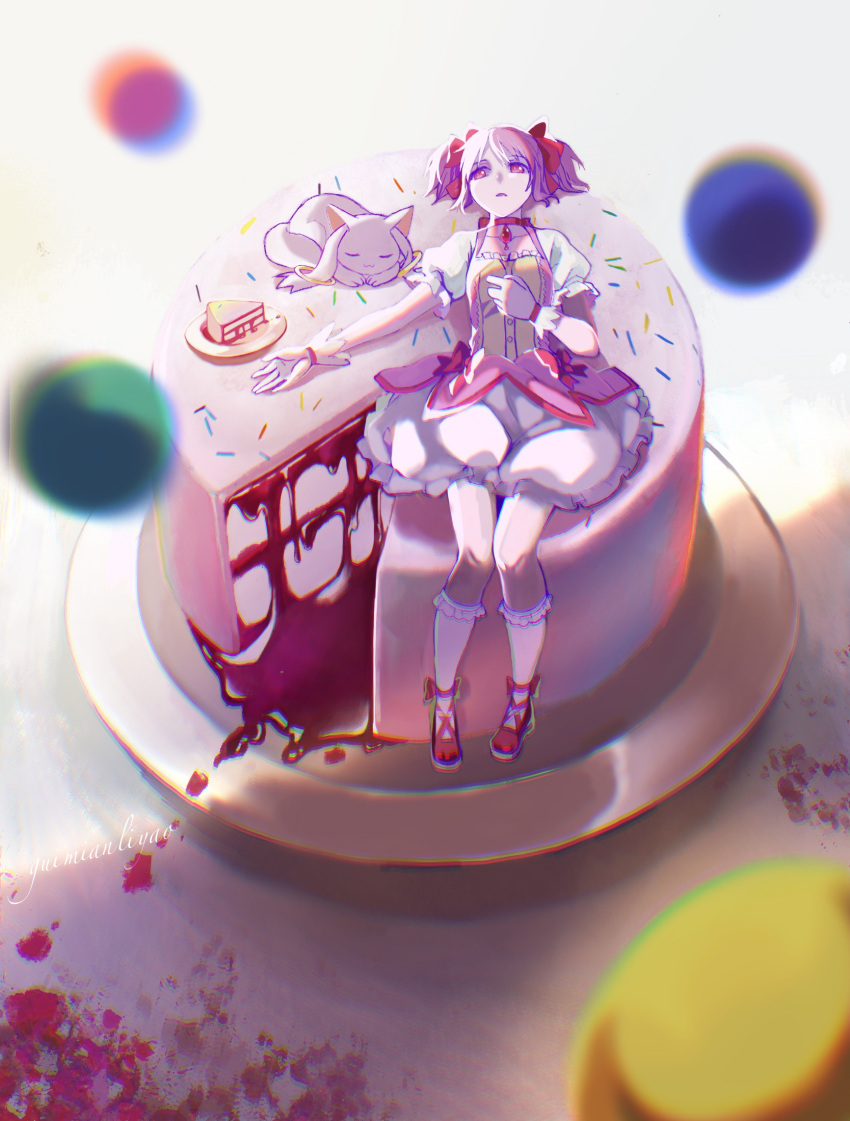 1girl, artist_name, bangs, blurry, bow, bow_choker, bubble_skirt, buttons, cake, cake_slice, choker, collarbone, depth_of_field, dress, dress_bow, expressionless, floating, floating_object, food, footwear_bow, frilled_skirt, frilled_sleeves, frilled_socks, frills, from_above, full_body, gloves, guo_ling, hair_bow, hand_on_own_chest, highres, kaname_madoka, kyubey, looking_to_the_side, lying, magical_girl, mahou_shoujo_madoka_magica, on_back, open_mouth, oversized_food, pink_dress, pink_eyes, pink_hair, plate, puffy_short_sleeves, puffy_sleeves, red_bow, red_choker, red_footwear, shade, shoes, short_hair, short_sleeves, short_twintails, skirt, socks, sprinkles, twintails, white_background, white_gloves, white_skirt, white_socks