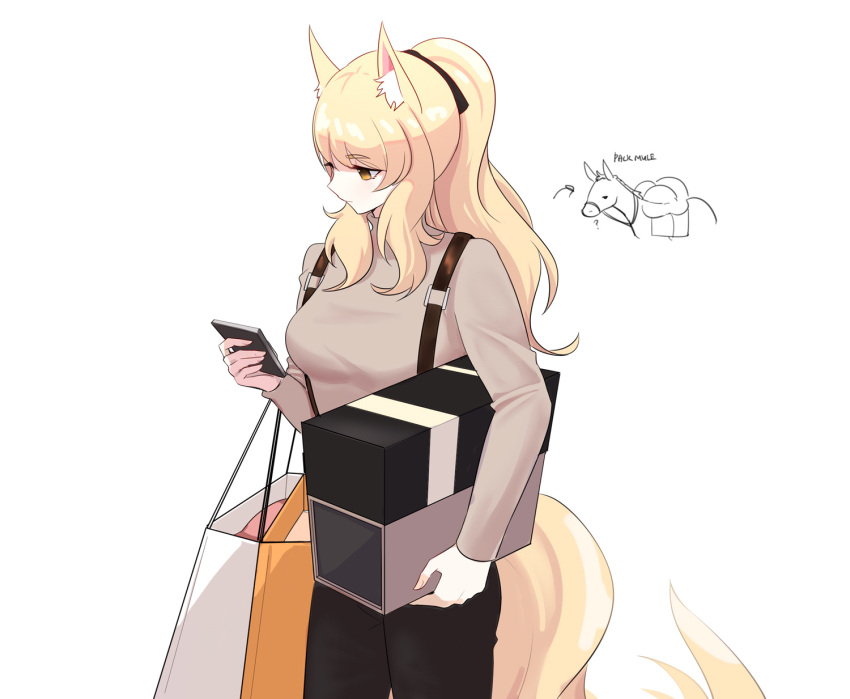 animal_ear_fluff, animal_ears, arknights, bag, blemishine_(arknights), blonde_hair, brown_eyes, cellphone