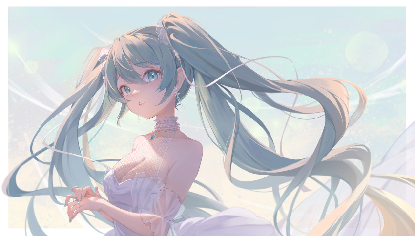 1girl, absurdres, aqua_background, aqua_eyes, aqua_hair, aqua_nails, arm_cuffs, bare_arms