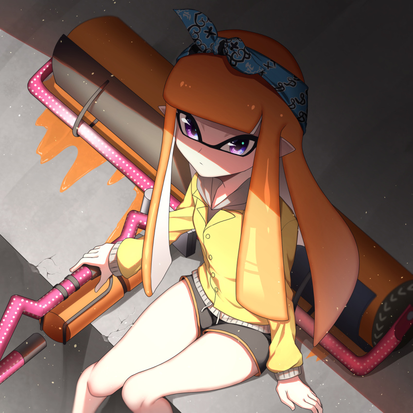 1girl, bandana, bangs, black_shorts, blue_bandana, blunt_bangs, carbon_roller_(splatoon), closed_mouth