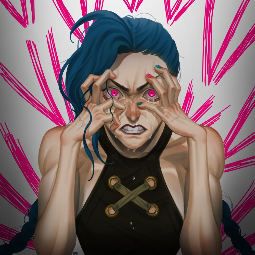 1girl, arcane:_league_of_legends, arcane_jinx, biceps, blue_hair, blue_nails, braid, crazy_eyes