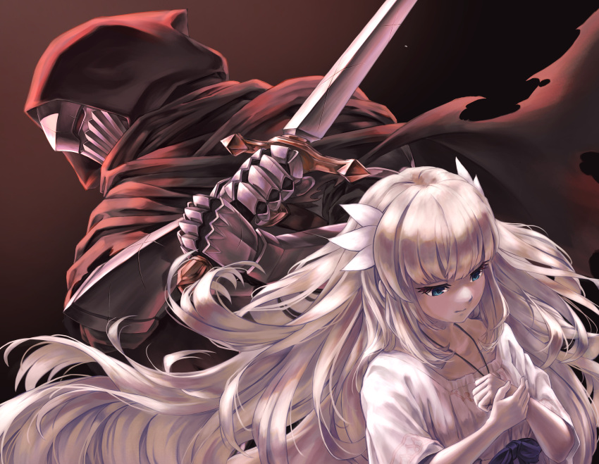 1girl, 1other, absurdres, bangs, cloak, closed_mouth, dress, ender_lilies_quietus_of_the_knights, frown, gauntlets, gradient, gradient_background, green_eyes, grey_hair, helmet, highres, holding, holding_sword, holding_weapon, hood, hood_up, hooded_cloak, jewelry, lily_(ender_lilies), long_hair, mayagi_(mayagi61), own_hands_together, pendant, red_cloak, sword, torn_cloak, torn_clothes, umbral_knight_(ender_lilies), upper_body, very_long_hair, weapon, white_dress