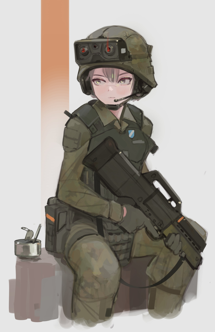 1girl, absurdres, ammunition_pouch, armor, assault_rifle, brown_hair, can, canned_food