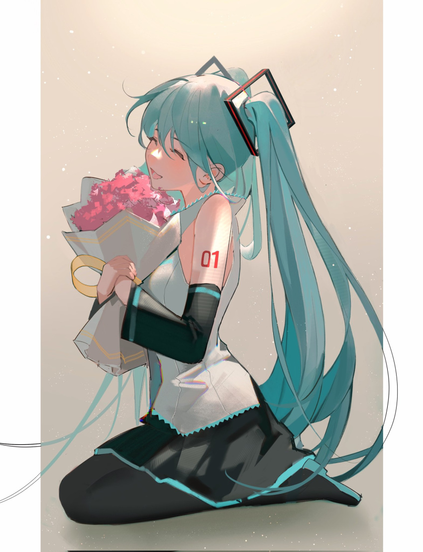 1girl, aqua_hair, bangs, bare_shoulders, black_footwear, black_pantyhose, black_skirt, black_sleeves, bouquet, breasts, closed_mouth, denpa0304, detached_sleeves, flower, full_body, grey_background, grey_shirt, hair_between_eyes, hair_ornament, hatsune_miku, highres, holding, holding_bouquet, kneeling, long_hair, long_sleeves, medium_breasts, number_tattoo, open_mouth, own_hands_together, pantyhose, pillarboxed, pink_flower, shirt, skirt, sleeveless, sleeveless_shirt, smile, solo, tattoo, twintails, vocaloid