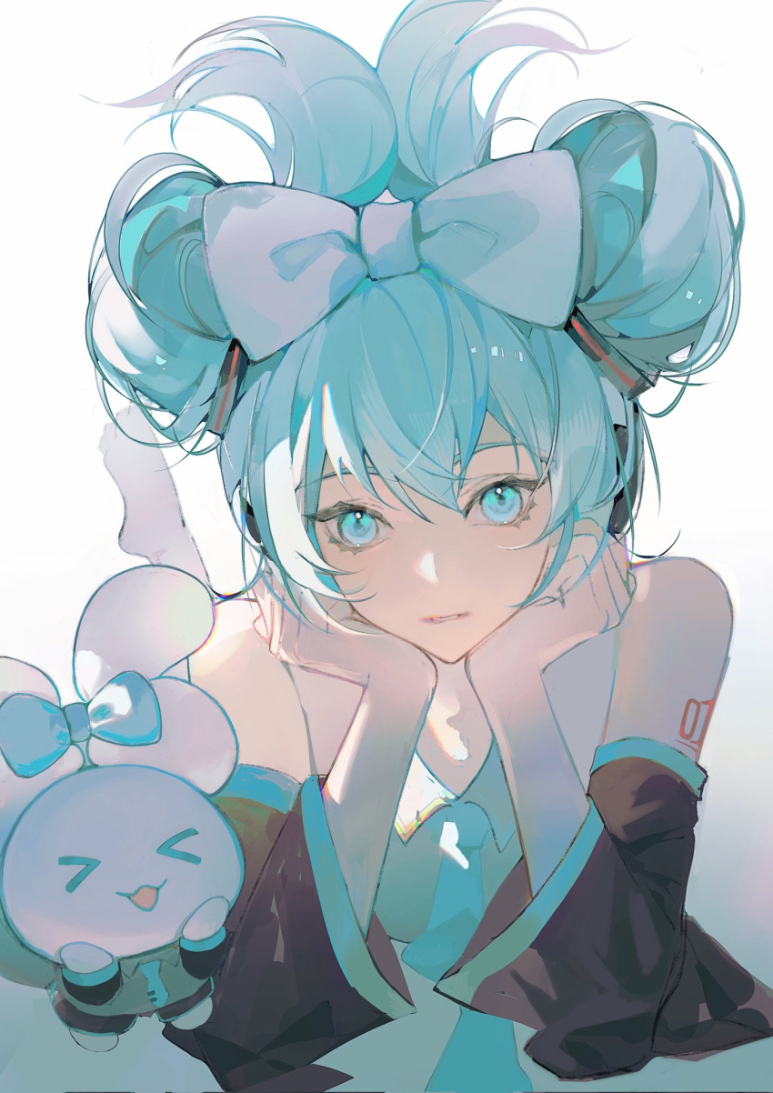 1girl, aqua_eyes, aqua_hair, aqua_necktie, bare_shoulders, black_sleeves, blue_bow, bow