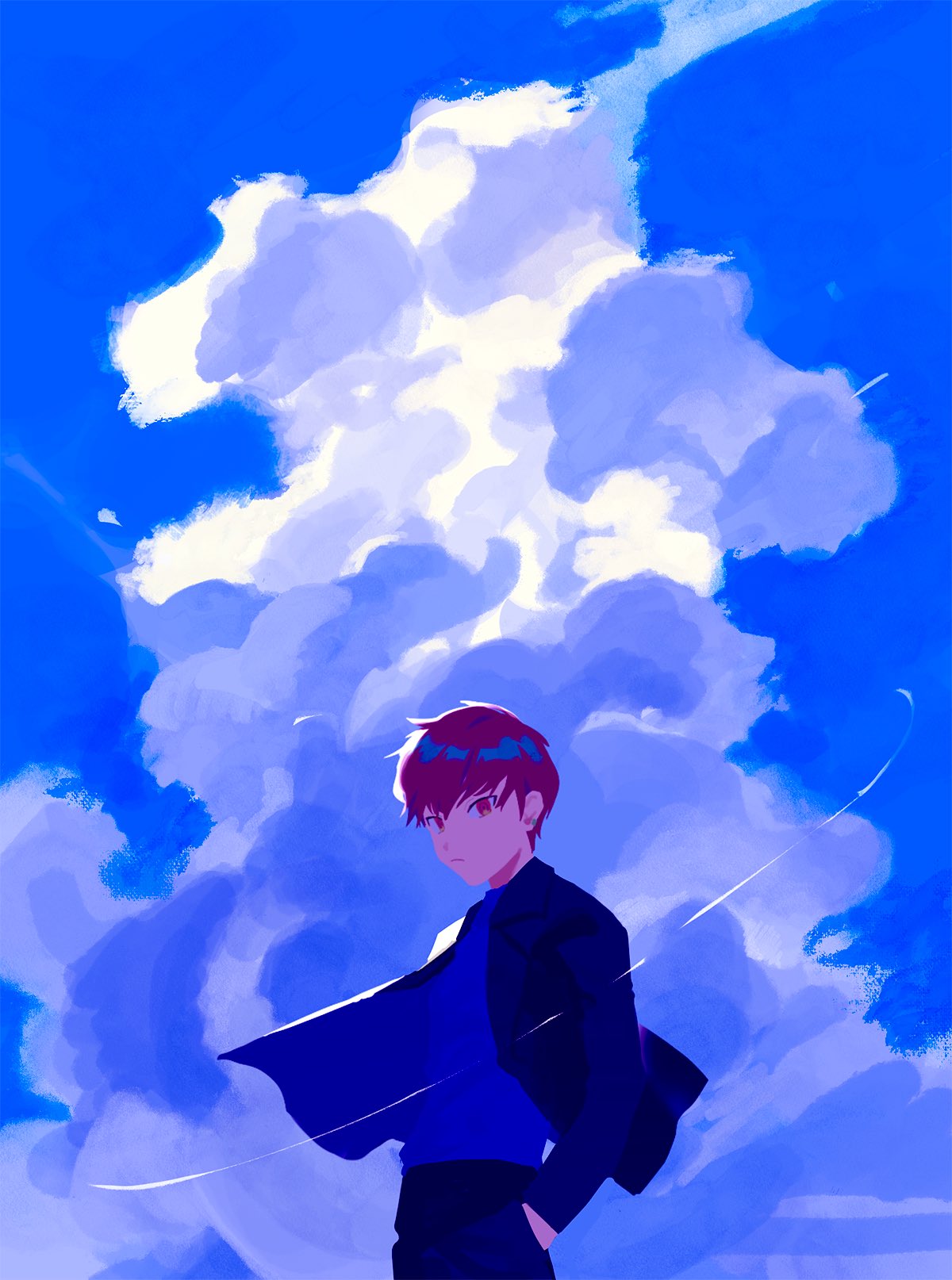 1boy, black_jacket, black_pants, blue_shirt, clouds, cpt_(crazy_raccoon), crazy_raccoon, expressionless
