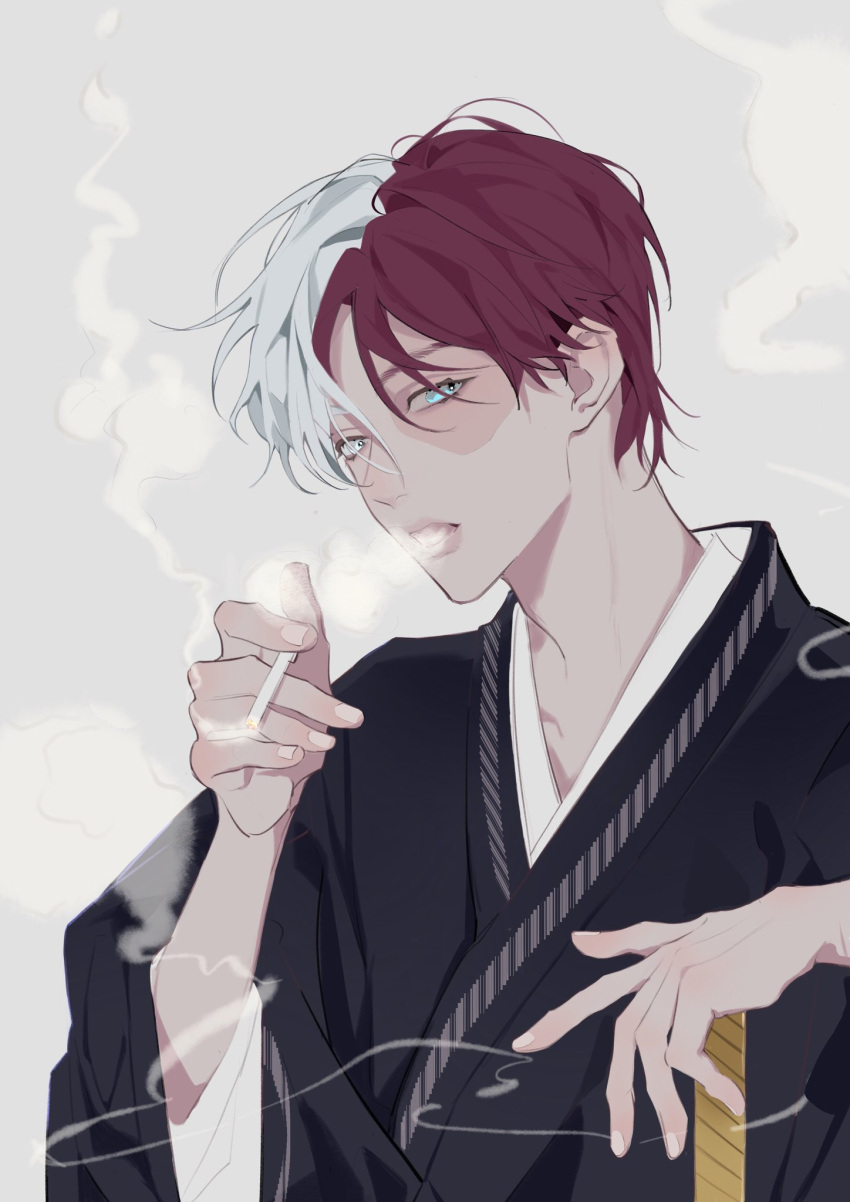 1boy, black_kimono, blue_eyes, boku_no_hero_academia, burn_scar, cigarette, denpa0304, grey_background