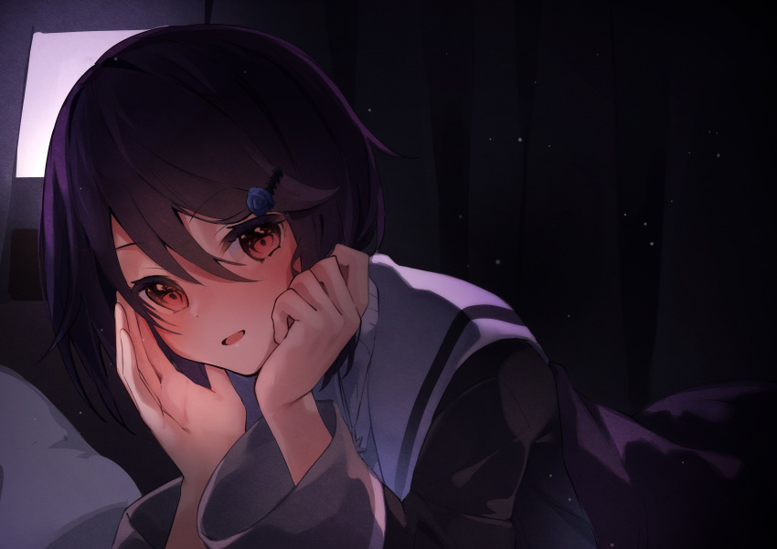 1girl, absurdres, aogiri_koukou_game_club, bangs, black_dress, blush, dark, dress