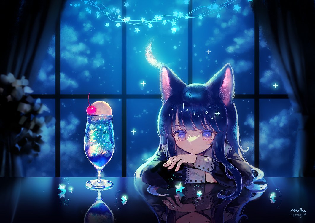 1girl, animal_ears, arms_on_table, bangs, black_hair, black_shirt, bright_pupils, cat_ears