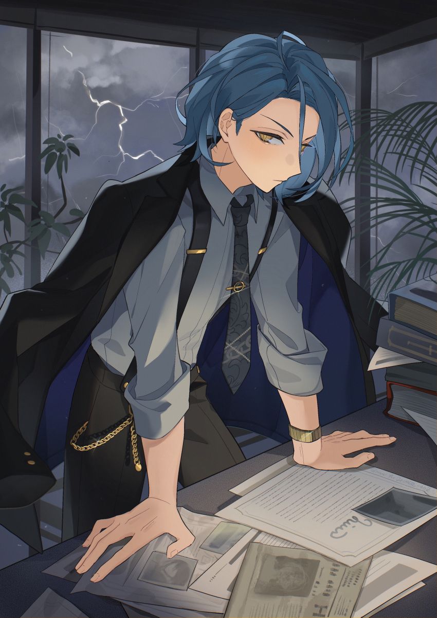 1boy, absurdres, bangs, belt_chain, blue_hair, blush, book, book_stack
