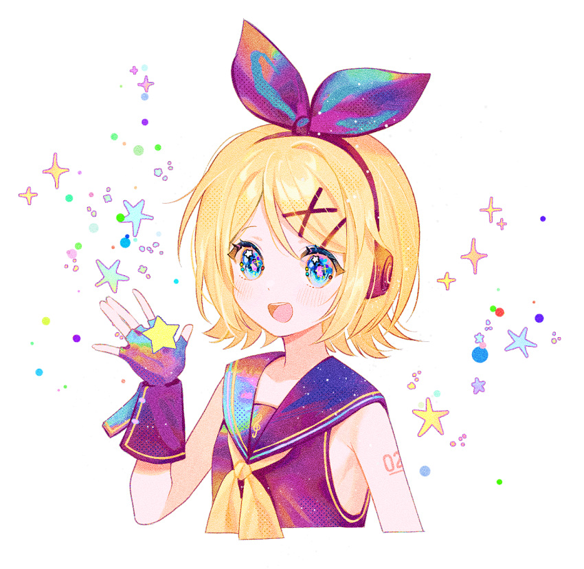 1girl, :d, bangs, blonde_hair, blue_eyes, blush, bow, fingerless_gloves