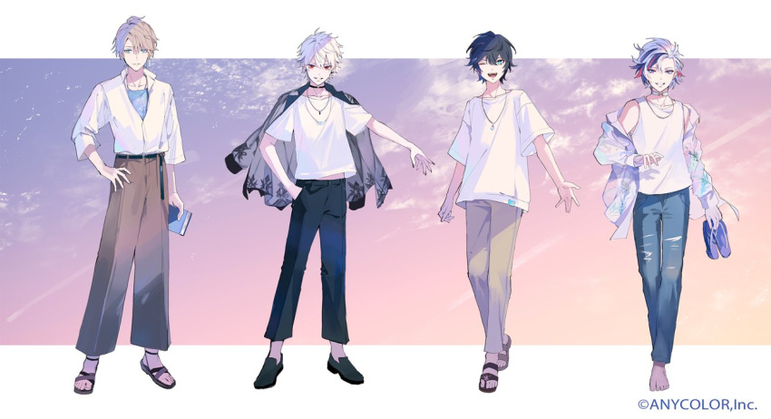 4boys, ;d, alternate_costume, axia_krone, bangs, barefoot, beckoning, belt