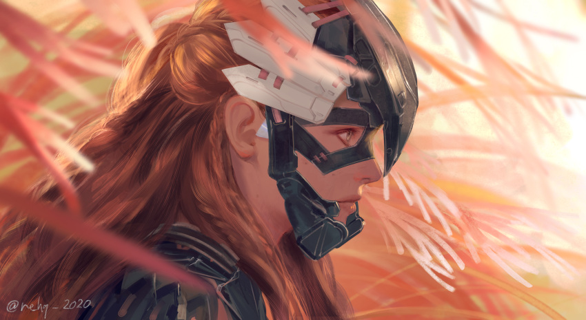 1girl, aloy_(horizon), armor, braid, green_eyes, hage2013, hair_pulled_back, helmet