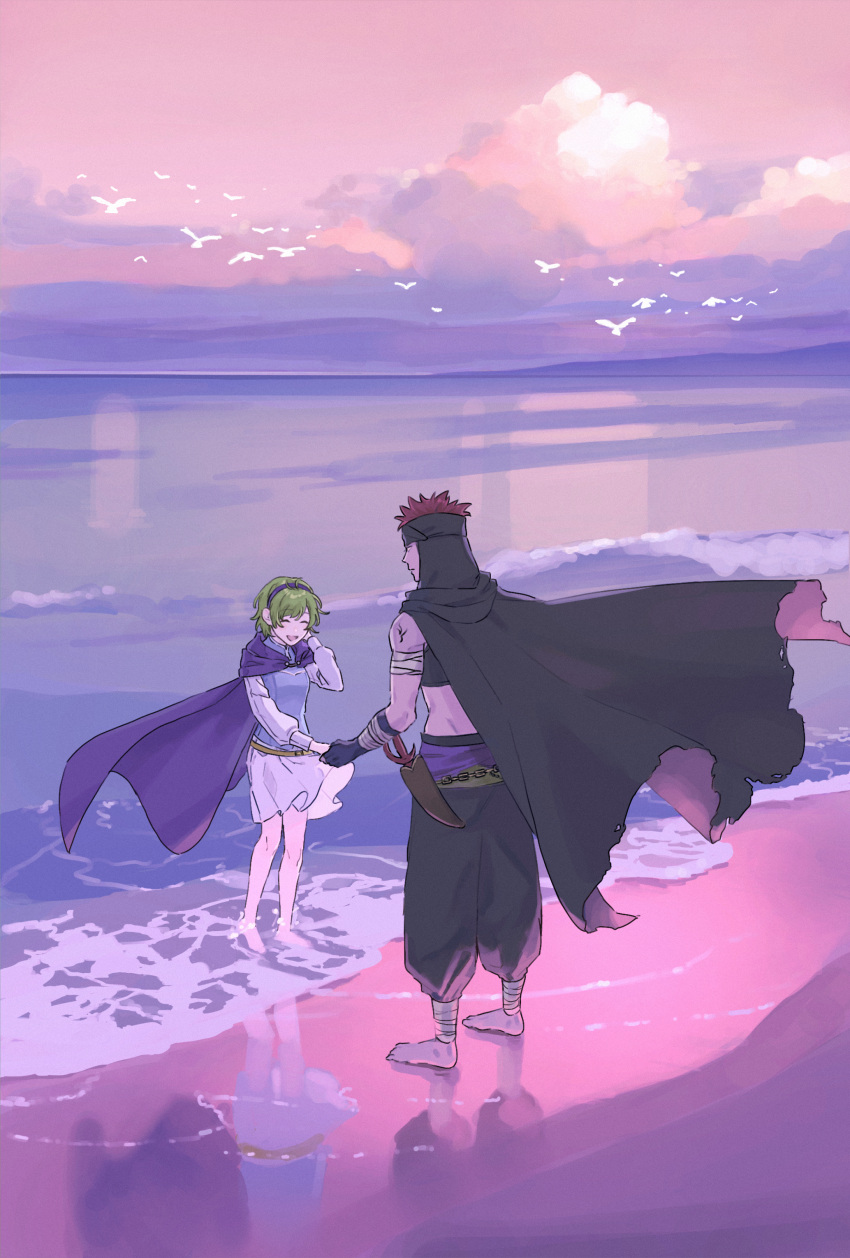1boy, 1girl, ^_^, absurdres, bandaged_arm, bandages, barefoot, beach, black_cape, black_gloves, black_headband, black_pants, blue_vest, cape, closed_eyes, clouds, couple, e5nf8v, fingerless_gloves, fire_emblem, fire_emblem:_the_blazing_blade, gloves, green_hair, hairband, headband, highres, holding_hands, jaffar_(fire_emblem), midriff, miniskirt, nino_(fire_emblem), ocean, open_mouth, outdoors, pants, pink_sky, purple_cape, purple_hairband, redhead, sheath, shirt, short_hair, skirt, soaking_feet, spiky_hair, sunrise, vest, white_shirt, white_skirt