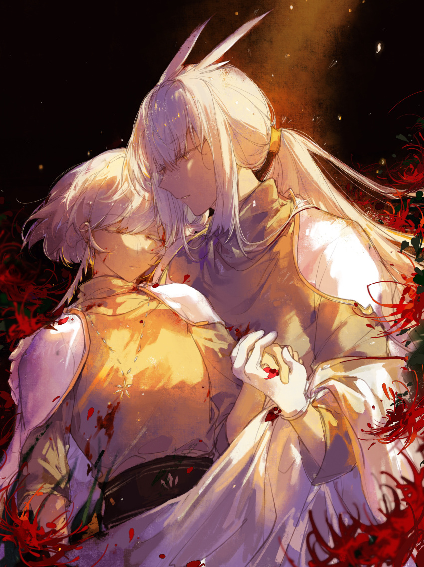 1boy, 1girl, absurdres, blood, blood_on_clothes, bob_cut, closed_eyes, daleth_(sky:_children_of_the_light)