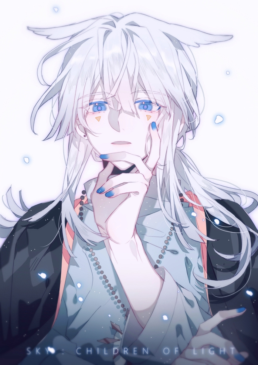 1boy, bead_necklace, beads, bishounen, blue_eyes, blue_nails, grey_hair, highres, jewelry, looking_at_viewer, male_focus, mimizuku_(sky:_children_of_the_light), nanbanchenga, necklace, open_mouth, pointy_hair, ponytail, sky:_children_of_the_light, solo, upper_body, white_hair