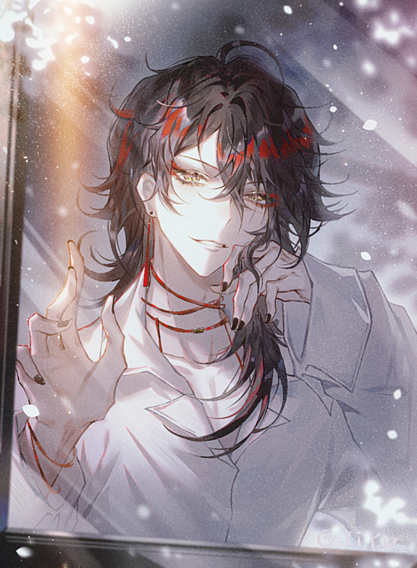 1boy, absurdres, bishounen, black_hair, black_nails, collared_shirt, falling_petals, film_grain