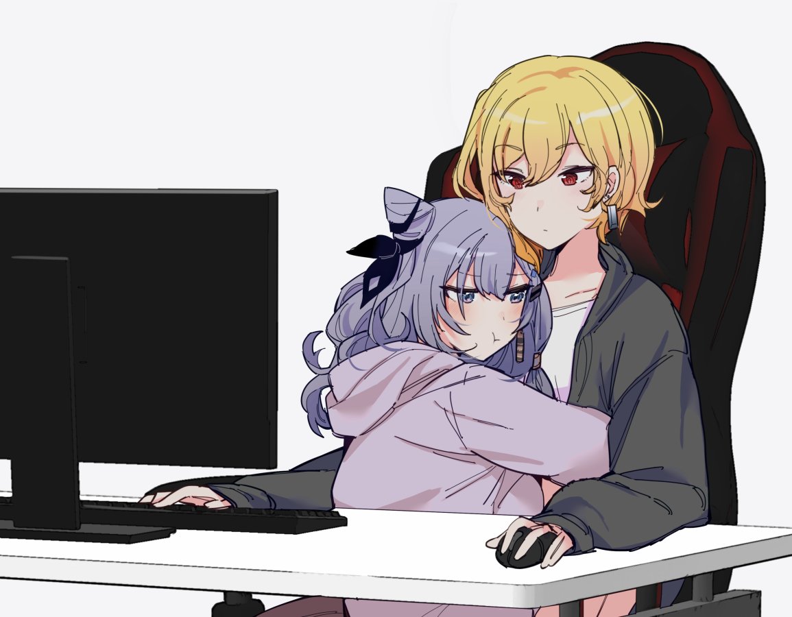 2girls, :t, alternate_costume, bangs, blonde_hair, casual, chair, closed_mouth