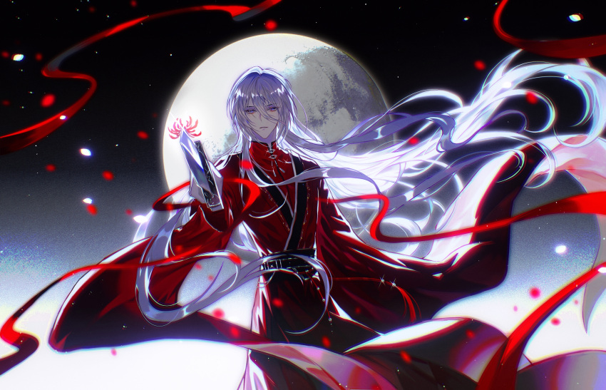 1boy, absurdres, bishounen, chinese_clothes, dress, flower, for_all_time, full_moon