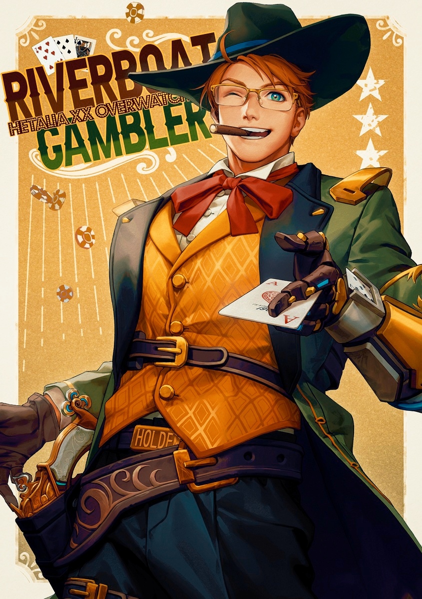 1boy, ahoge, alternate_costume, america_(hetalia), axis_powers_hetalia, blonde_hair, blue_eyes, card