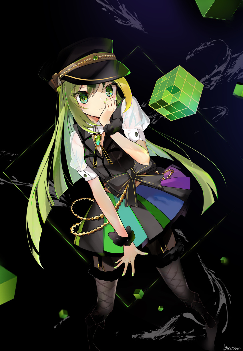1girl, absurdres, alina_gray, black_background, black_bow, black_footwear, black_headwear, black_necktie