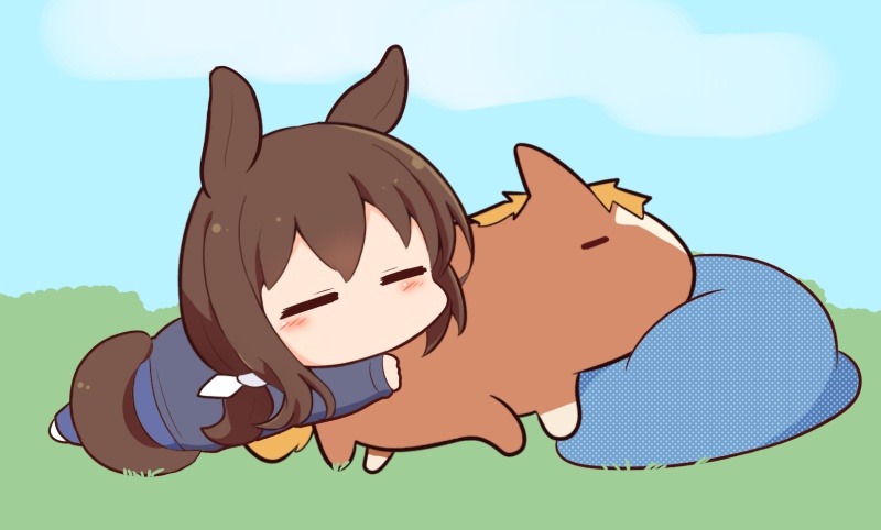 1girl, =_=, admire_japan_(racehorse), admire_vega_(umamusume), animal_ears, bangs, bean_bag_chair, bow