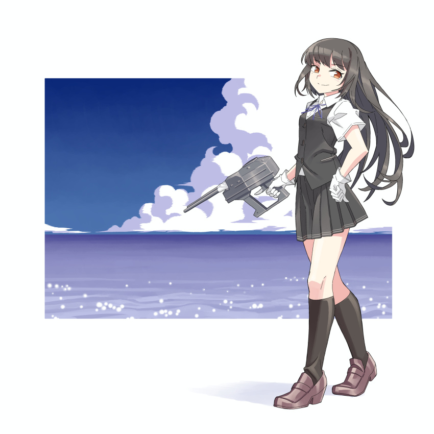 1girl, black_hair, black_skirt, black_socks, black_vest, blue_ribbon, blue_sky, clouds