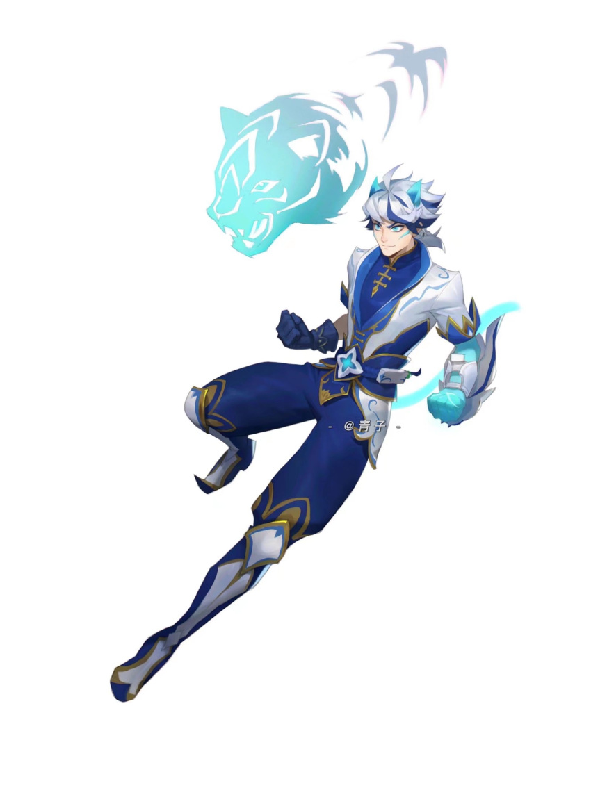 1boy, bangs, belt, black_gloves, blue_footwear, blue_hair, blue_pants, boots