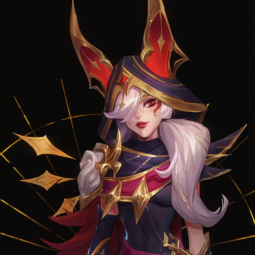 1girl, animal_ears, arcana_xayah, armor, bangs, black_background, black_bodysuit, black_cape, bodysuit, breasts, cape, fake_animal_ears, grey_hair, hair_over_one_eye, hane_nuo_qing-ko, highres, hood, hood_up, league_of_legends, long_hair, medium_breasts, official_alternate_costume, parted_lips, ponytail, red_cape, red_eyes, red_lips, shiny, shiny_hair, shoulder_armor, simple_background, slit_pupils, smile, solo, teeth, xayah