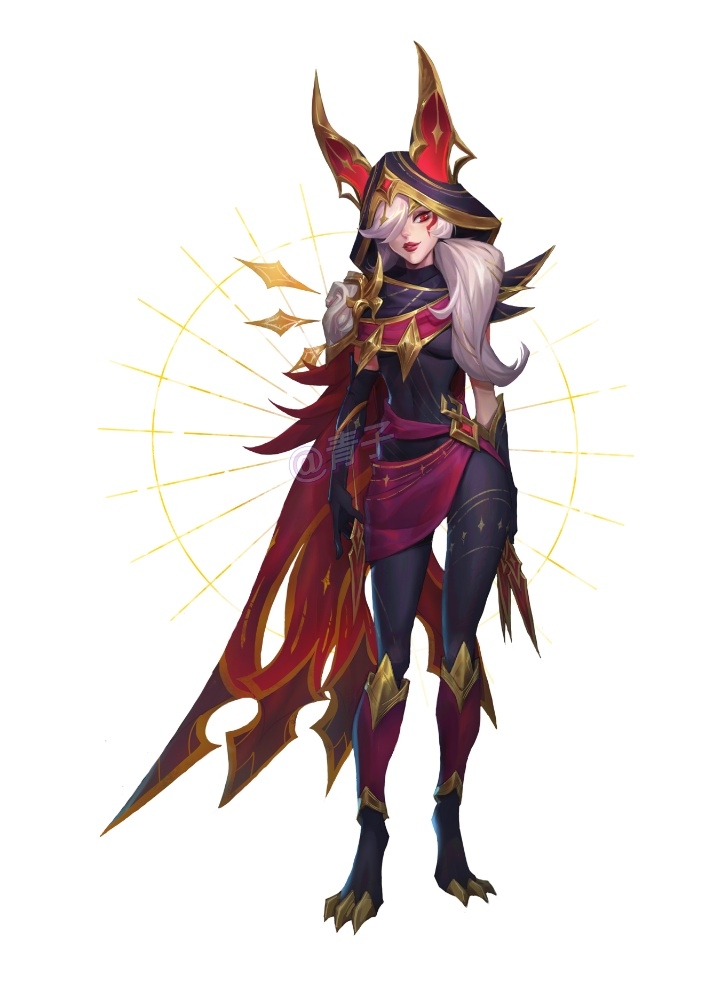 1girl, animal_ears, arcana_xayah, armor, bangs, black_bodysuit, black_cape, bodysuit, breasts, cape, fake_animal_ears, full_body, grey_hair, hair_over_one_eye, hane_nuo_qing-ko, hood, hood_up, league_of_legends, long_hair, medium_breasts, official_alternate_costume, parted_lips, ponytail, red_cape, red_eyes, red_lips, red_skirt, shiny, shiny_hair, shoulder_armor, simple_background, skirt, slit_pupils, smile, solo, teeth, watermark, white_background, xayah
