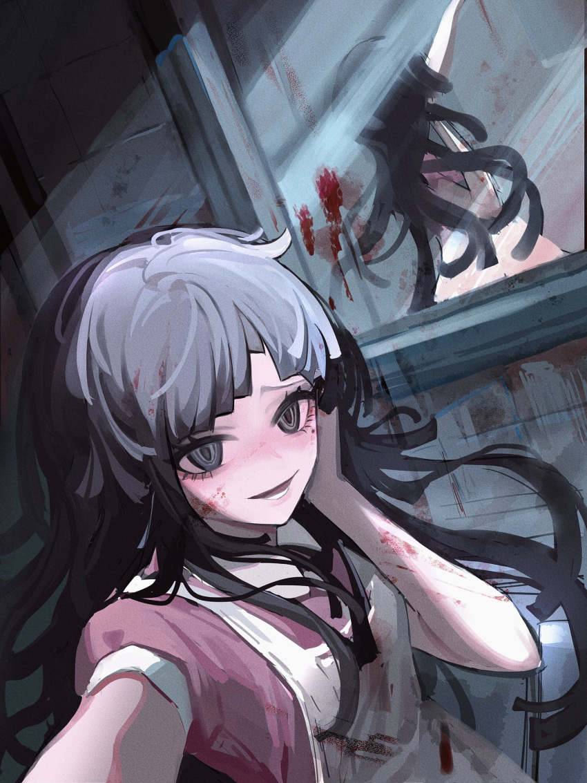 1girl, :d, apron, bangs, black_eyes, black_hair, blood, blood_on_clothes, blood_on_face, blood_on_wall, breasts, collared_shirt, danganronpa_(series), danganronpa_2:_goodbye_despair, hand_up, highres, huang_du_du, long_hair, mirror, mole, mole_under_eye, open_mouth, pink_shirt, selfie, shiny, shiny_hair, shirt, small_breasts, smile, solo, tile_wall, tiles, tsumiki_mikan