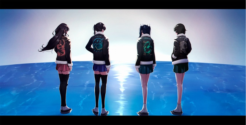 4girls, akagi_(kancolle), akagi_kai_ni_(kancolle), alternate_costume, black_hair, black_jacket, blue_hakama, from_behind