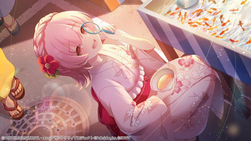 3girls, :d, animal, artist_request, assault_lily, braid, brown_footwear, crown_braid