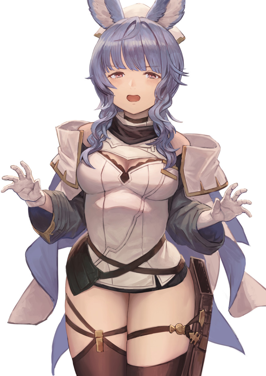 1girl, animal_ears, blue_hair, coat, dress, erune, gloves, granblue_fantasy