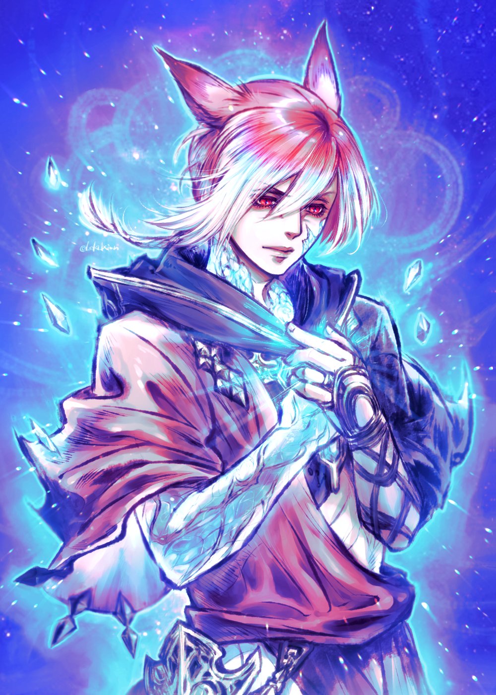 1boy, animal_ears, arm_wrap, bangs, black_robe, blue_outline, braid, braided_ponytail