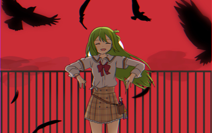 alina_gray, belt_pouch, bird, bow, bowtie, crow, green_hair, highres, loose_bowtie, magia_record:_mahou_shoujo_madoka_magica_gaiden, mahou_shoujo_madoka_magica, matcha_(sdsk5275), pouch, railing, red_background, red_wristband, sakae_general_school_uniform, school_uniform, side-tie_shirt, skirt, smile, straight_hair