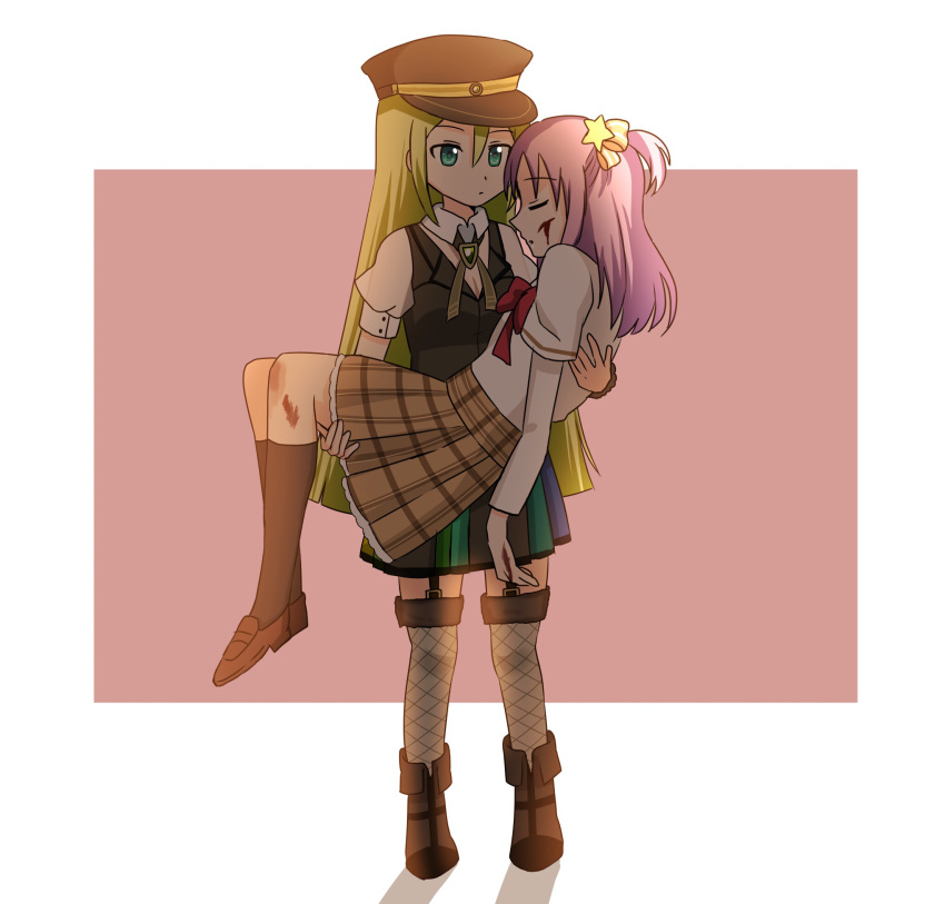 2girls, alina_gray, bangs, black_headwear, carrying, green_hair, hat, highres