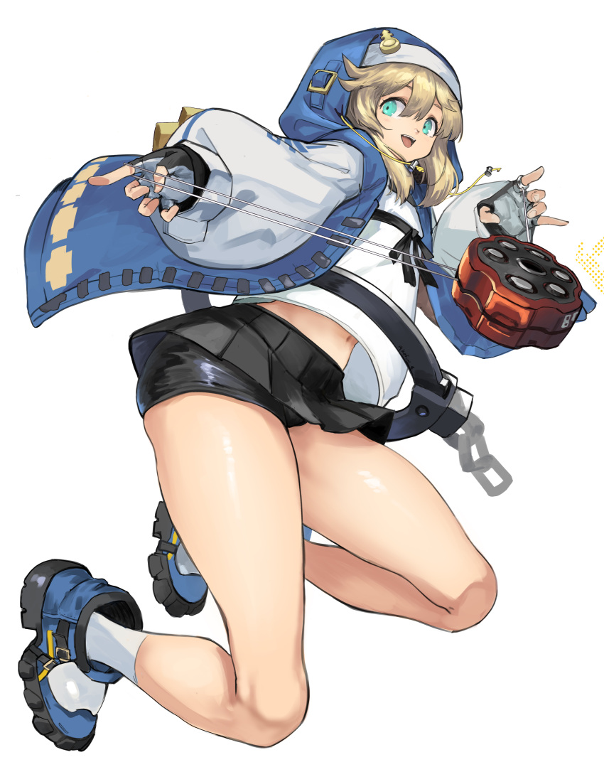 1girl, :d, absurdres, akefumi, bike_shorts, blonde_hair, bridget_(guilty_gear), fingerless_gloves, gloves, green_eyes, guilty_gear, guilty_gear_strive, highres, hood, hoodie, long_hair, midriff_peek, smile, solo, transgender, transgender_girl, transgender_woman, yo-yo