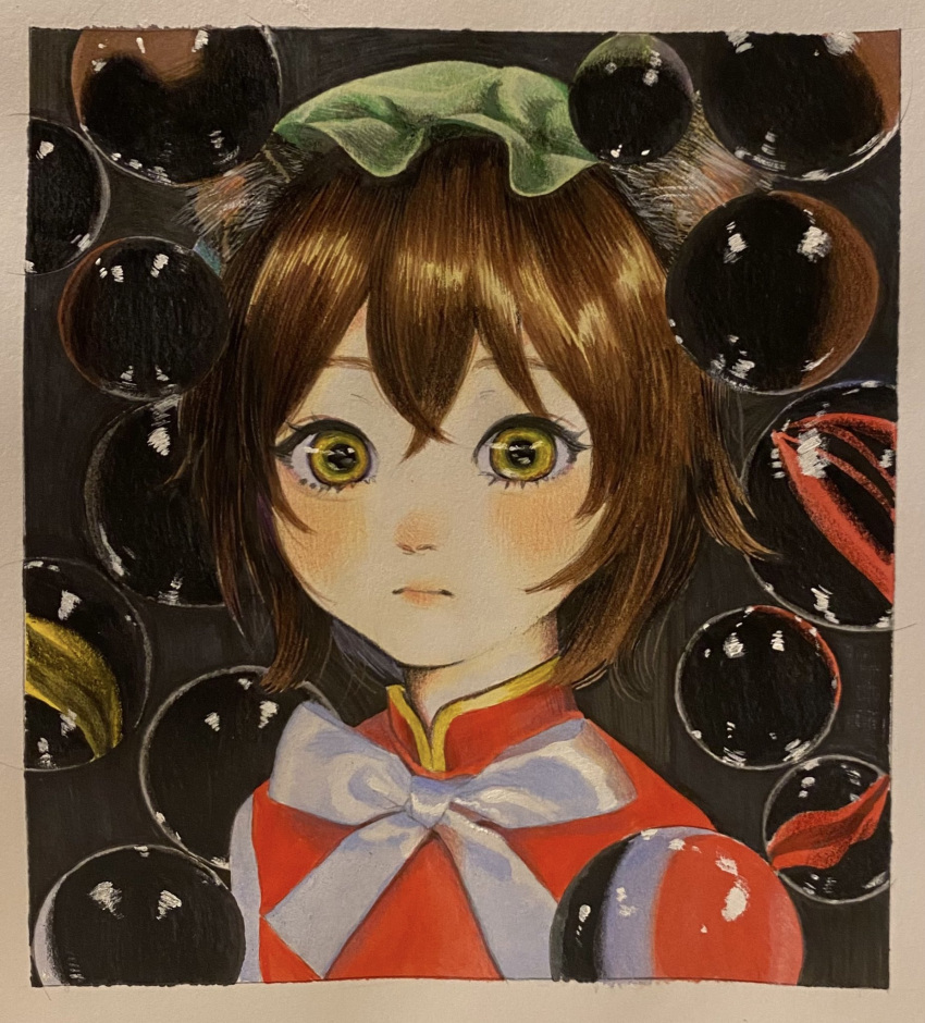 1girl, animal_ears, blush, bow, bowtie, brown_hair, bubble, cat_ears, cat_girl, chen, closed_mouth, commentary, green_headwear, hat, highres, lips, looking_at_viewer, medium_hair, mob_cap, nagi_milk, red_shirt, shirt, solo, touhou, traditional_media, upper_body, white_bow, white_bowtie, yellow_eyes