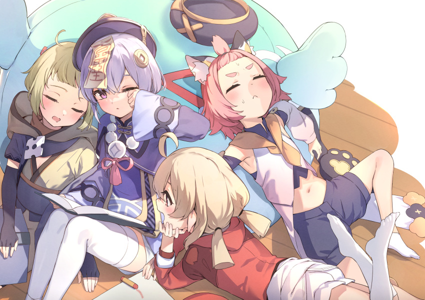 4girls, :<, ahoge, animal_ear_fluff, animal_ears, bead_necklace, beads, black_gloves
